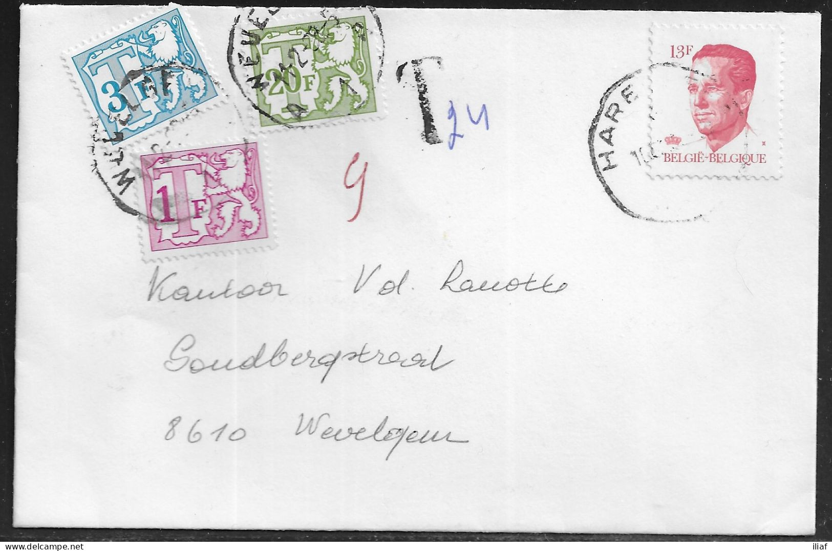 Belgium. Stamps Sc.1092, J72, J64, J78 On Commercial Letter, Taxed-postage Due Stamps, Sent From Kortrijk On 11.02.1988 - Lettres & Documents