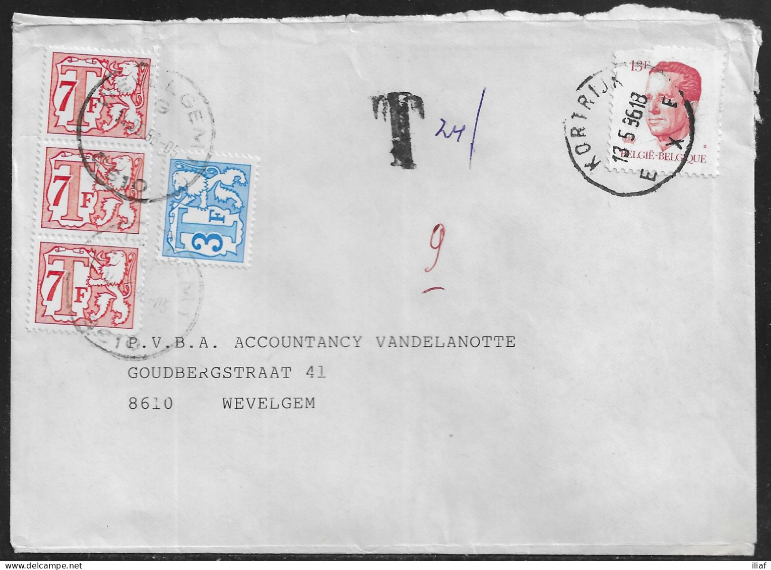 Belgium. Stamps Sc. 1092, J64, J74 On Commercial Letter, Taxed - Postage Due Stamps, Sent From Kortrijk On 13.05.1986 - Brieven En Documenten