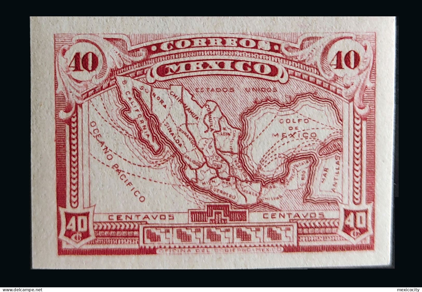 MEXICO 1915 Scott Cat. 512 40c. MAP RED COLOR PROOF Imperf., Gummed Ppr, Hinged, Rare - México