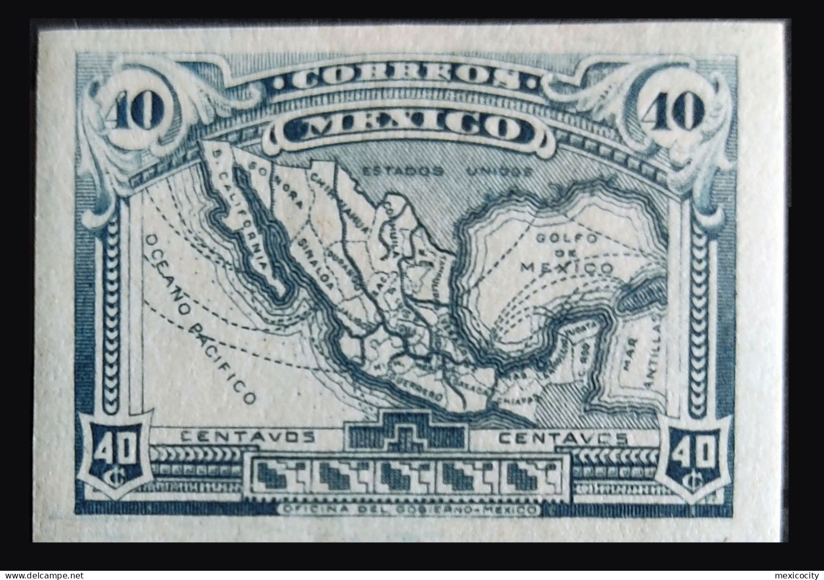 MEXICO 1915 Scott Cat. 512 40c. MAP SLATE GRAY COLOR PROOF Imperf., Gummed Ppr, Hinged, Rare - México