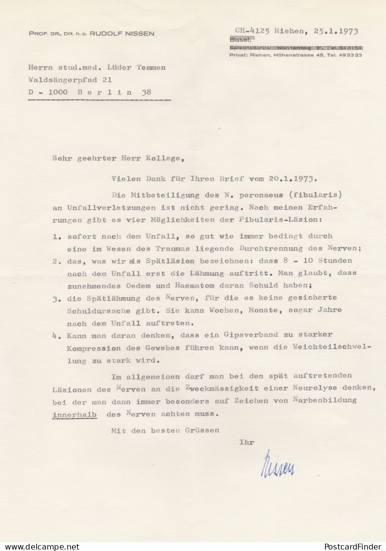 Rudolf Nissen Surgeon To Albert Einstein Hand Signed Letter - Erfinder Und Wissenschaftler