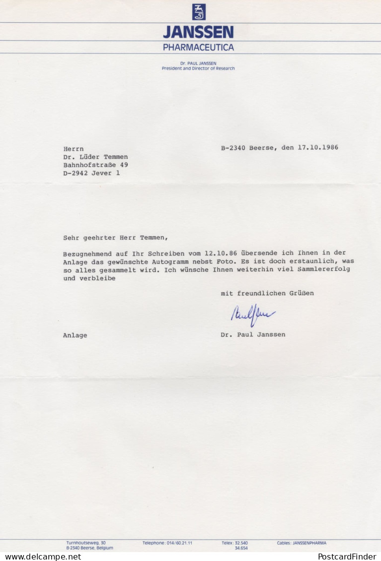 Paul Janssen Pharmaceutica Founder Physician Hand Signed Letter - Inventors & Scientists