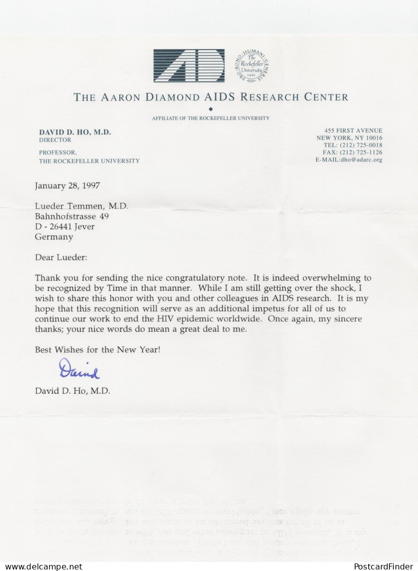 David Ho Taiwan Aids Researcher Virologist Hand Signed Letter - Inventeurs & Scientifiques