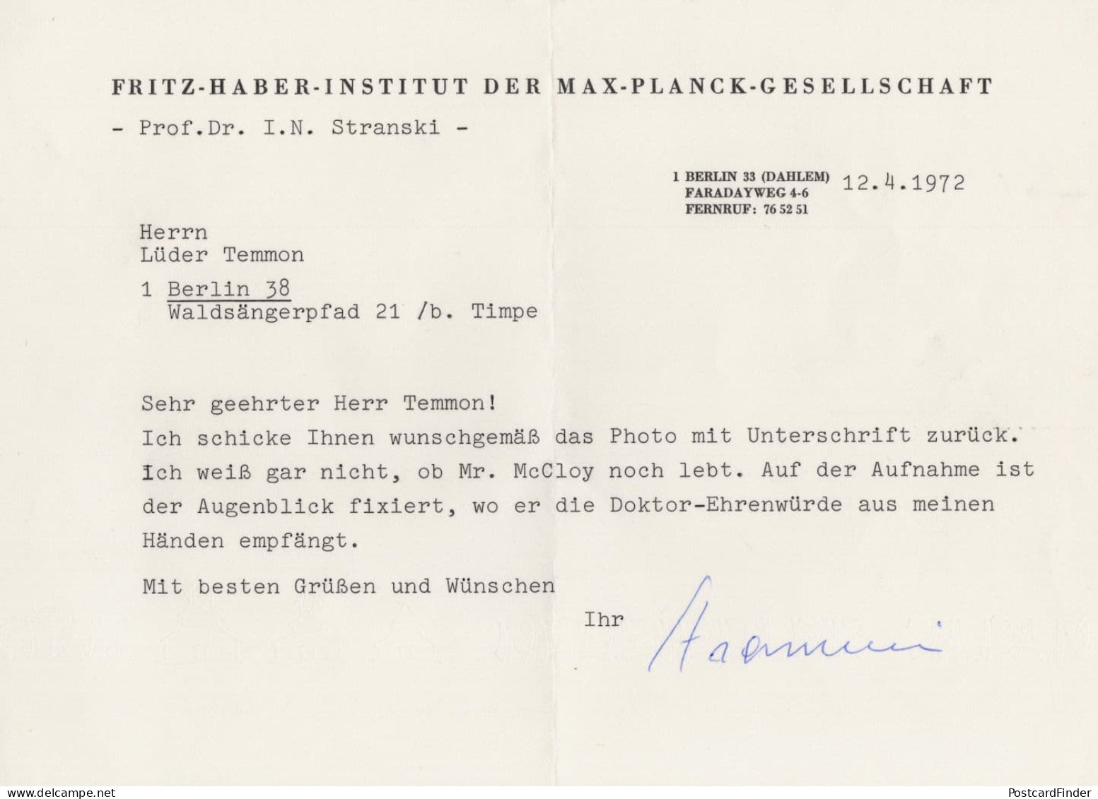 Ivan Stranski Bulgarian & WW2 Soviet Union Chemist Hand Signed Letter - Inventors & Scientists