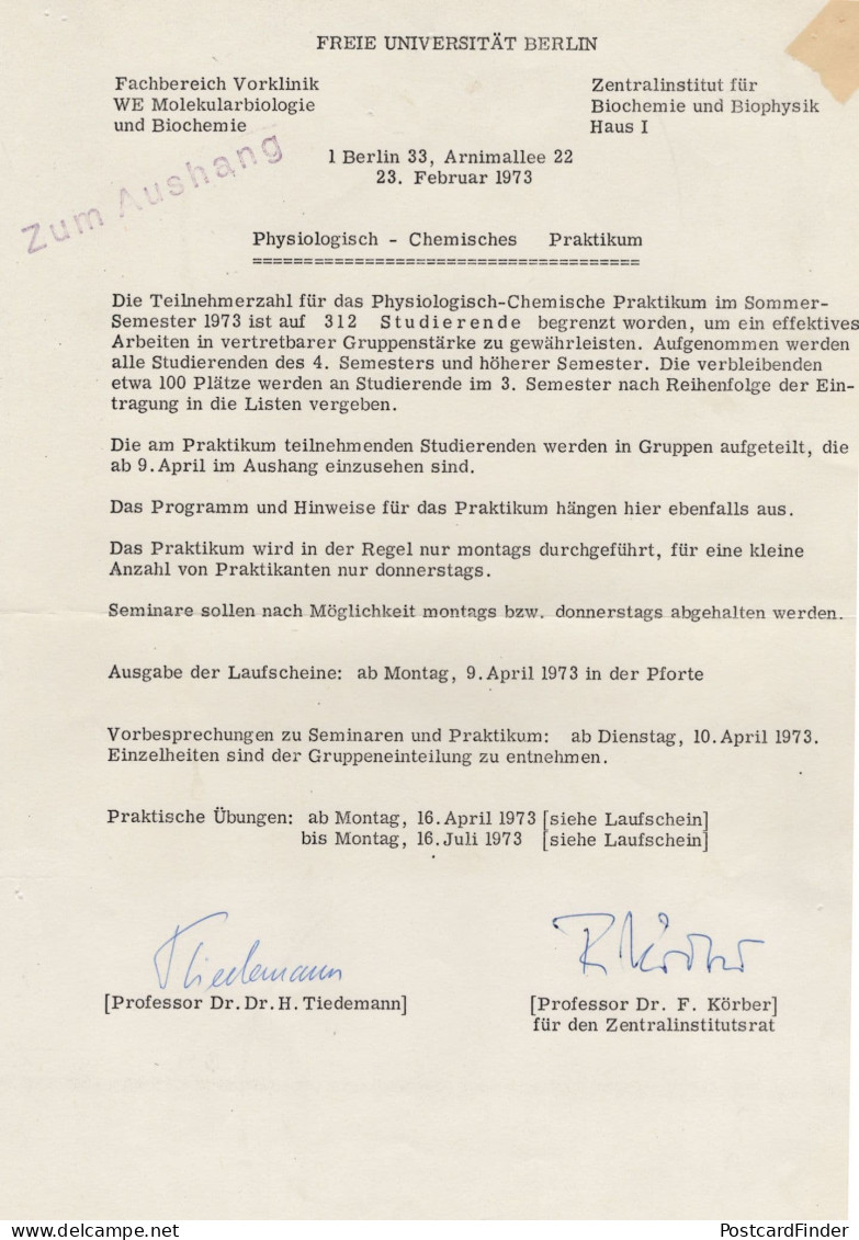 Dr Heinz Tiedermann Berlin German Biologist Chemist Hand Signed Document - Inventeurs & Scientifiques