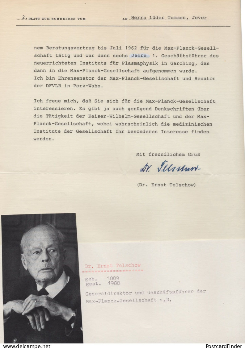Dr Ernst Telschow Director Max Planck Gesellschaft Hand Signed Letter - Inventors & Scientists