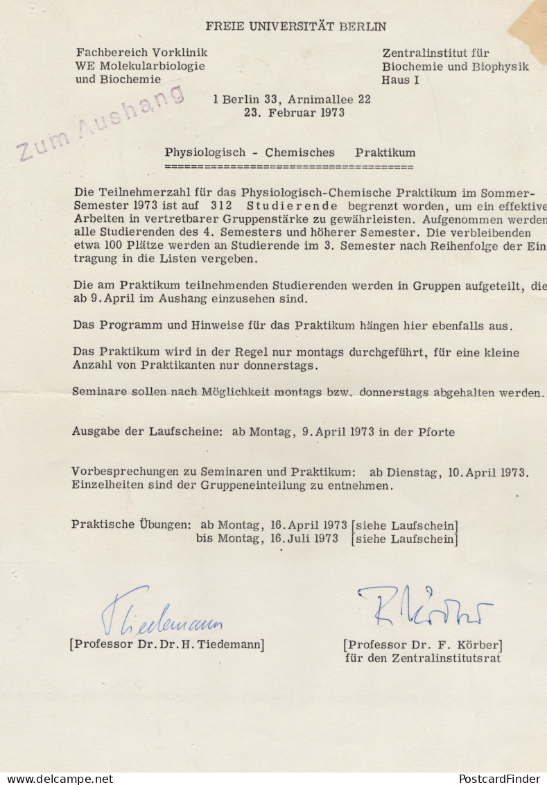 Dr Heinz Tiedermann Berlin German Biologist Chemist Hand Signed Letter - Inventors & Scientists