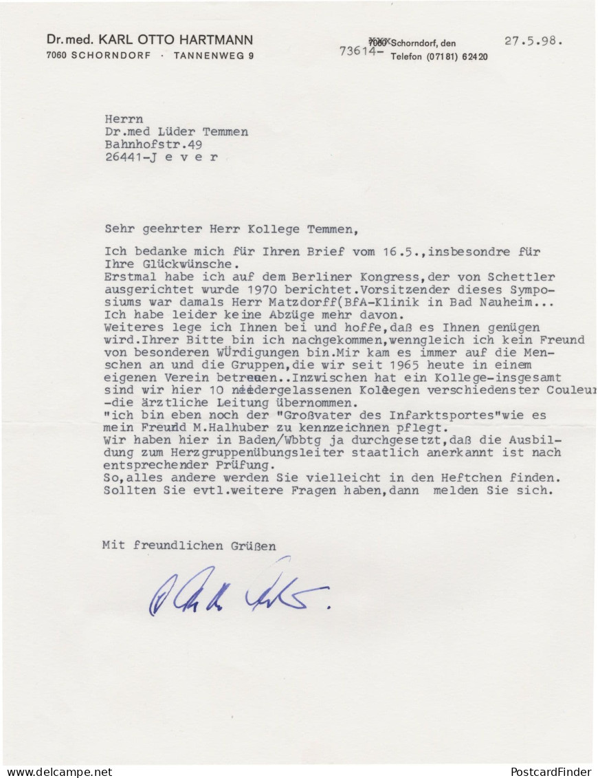 Karl Otto Hartmann German Scientist Heart Surgeon Hand Signed Letter - Uitvinders En Wetenschappers