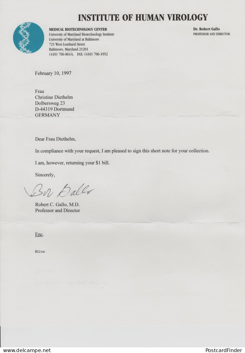 Robert C Gallo Historic AIDS HIV Professor Virologist Hand Signed Letter - Erfinder Und Wissenschaftler