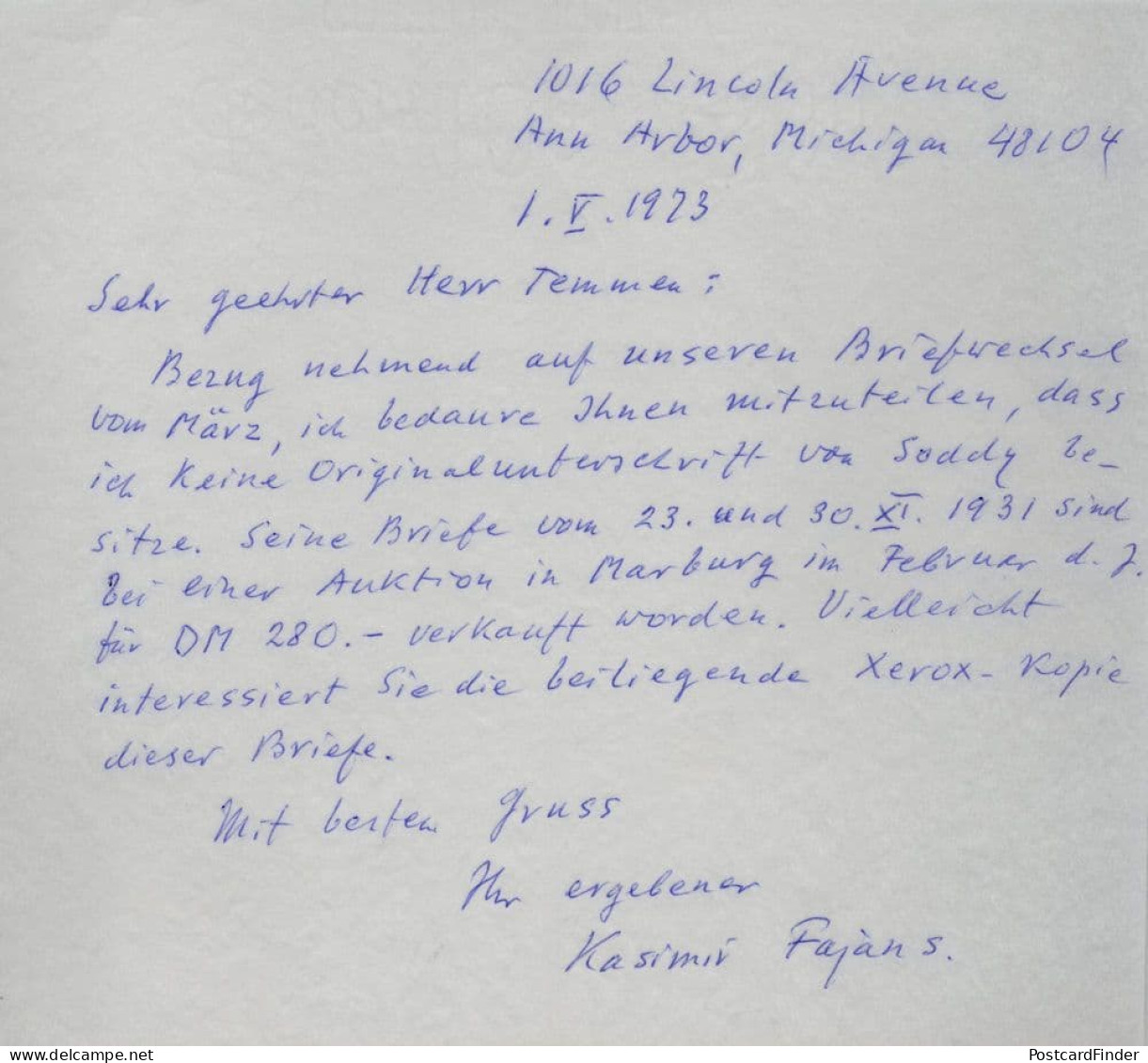 Kasimir Fajans Radioactivity Polish Jewish Chemist Hand Signed Letter - Inventeurs & Scientifiques