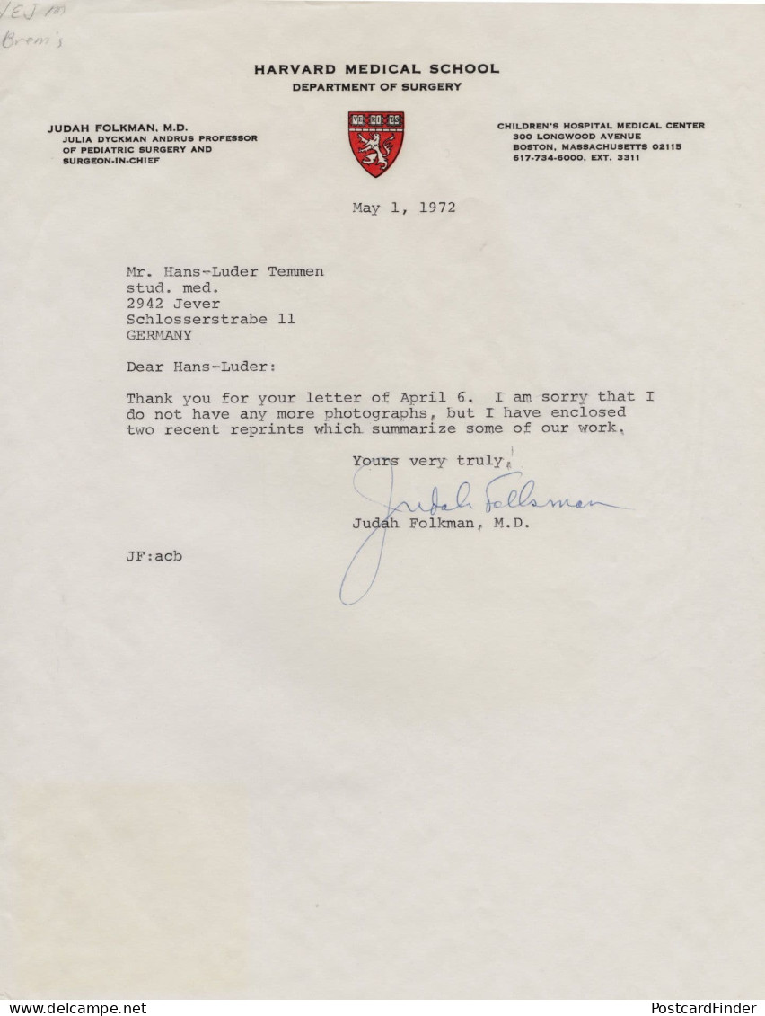 Judah Folkman American Biologist Pediatric Surgeon Hand Signed Letter - Uitvinders En Wetenschappers