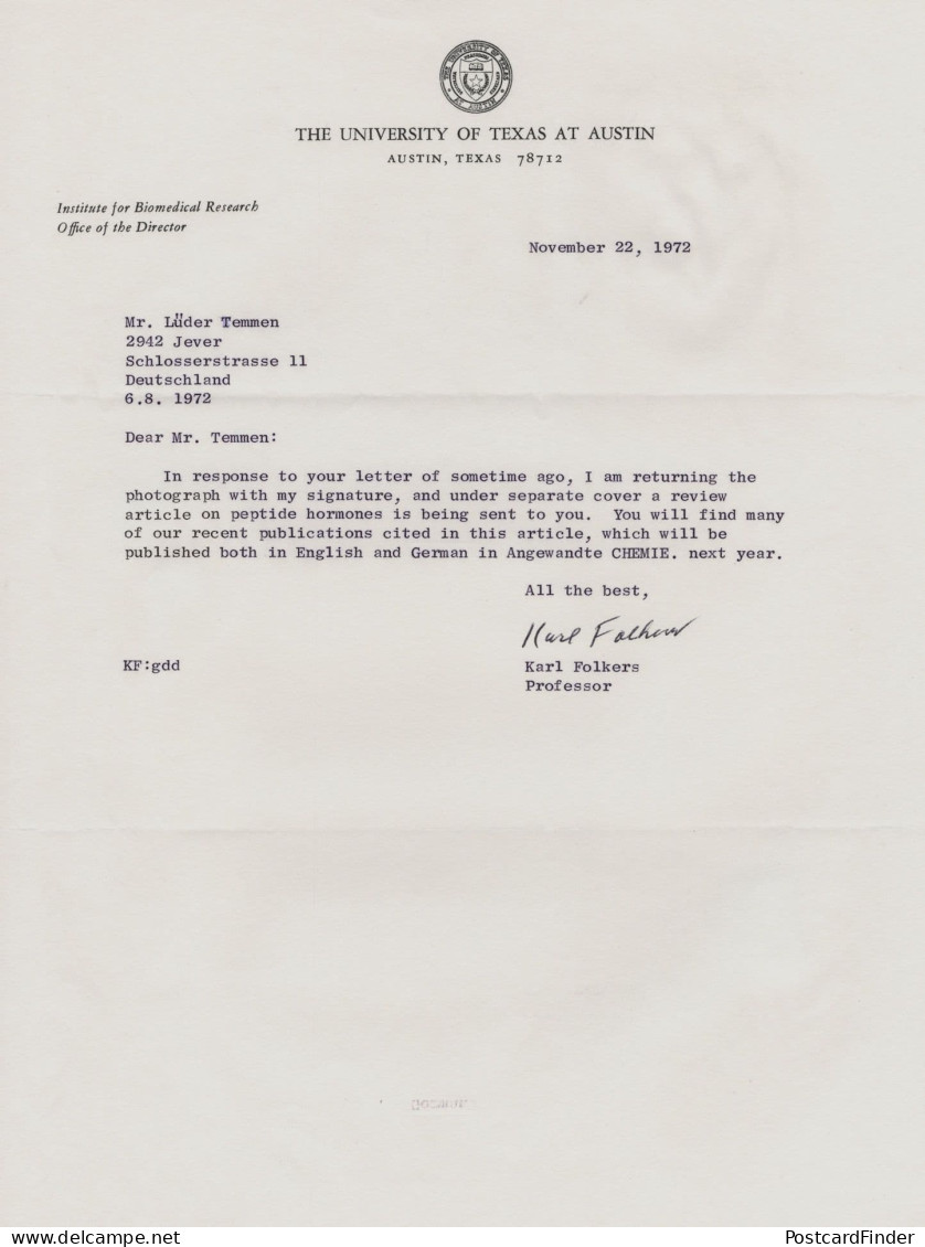 Karl Folkers American Medical Biochemist Hand Signed Letter - Erfinder Und Wissenschaftler