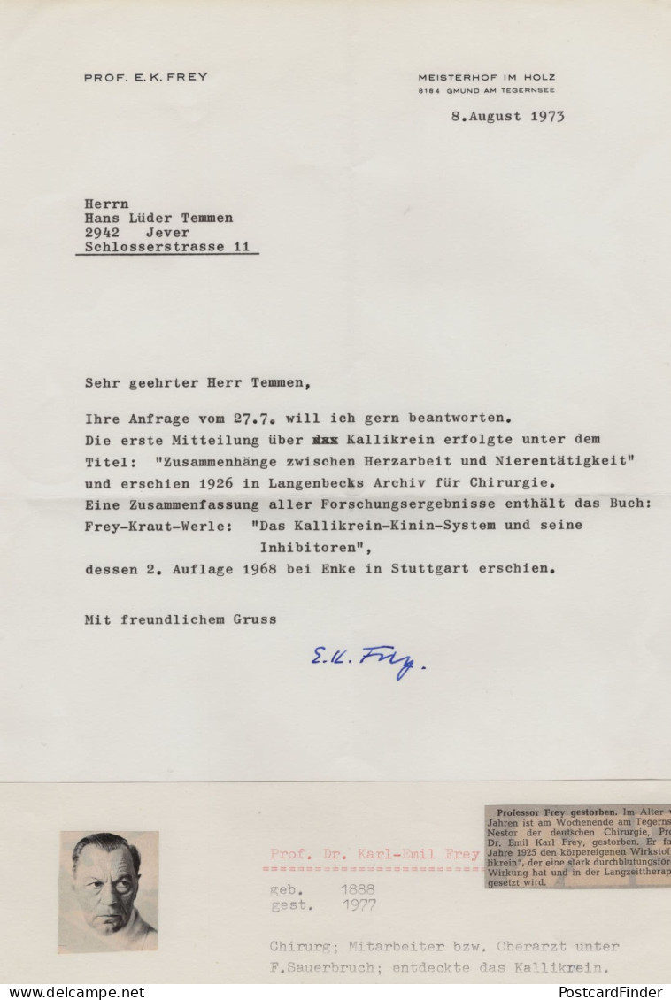 Emil Karl Frey German Lung Surgery Pioneer Hand Signed Letter - Inventeurs & Scientifiques