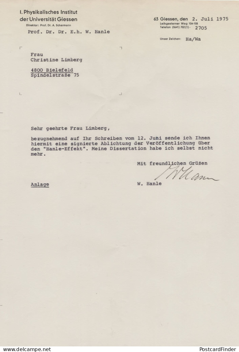 Willhelm Hanle German WW2 Uranium Nuclear Physicist Hand Signed Letter - Erfinder Und Wissenschaftler