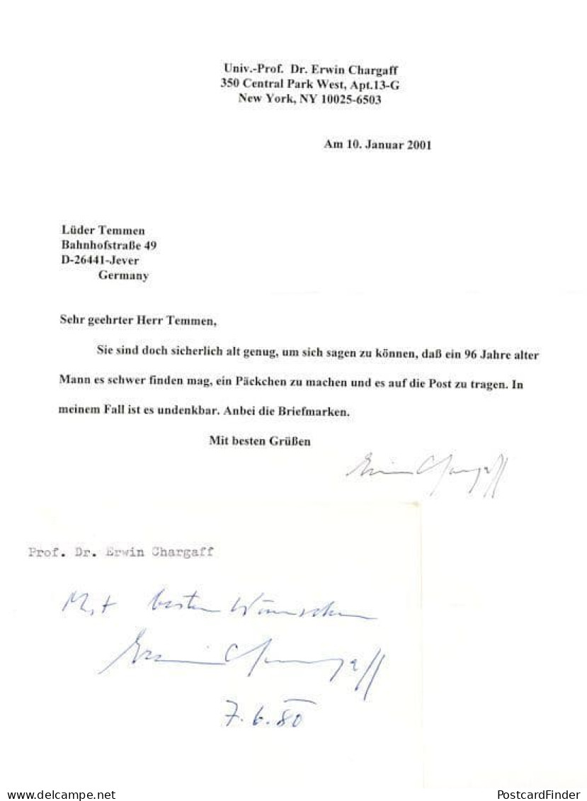 Erwin Chargoff DNA Austrian Jewish Genetic Scientist Hand Signed Letter Set - Uitvinders En Wetenschappers