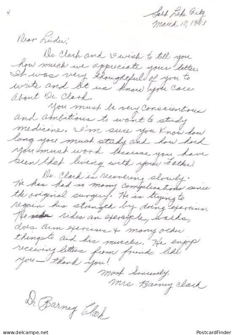 Dr Barney Clark Heart Surgery Medical History Hand Signed Letter - Inventeurs & Scientifiques