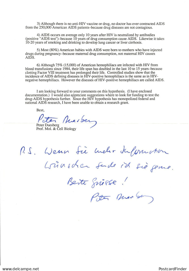 Peter Duesberg German Biologist Professor HIV AIDS Hand Signed Letter - Inventeurs & Scientifiques