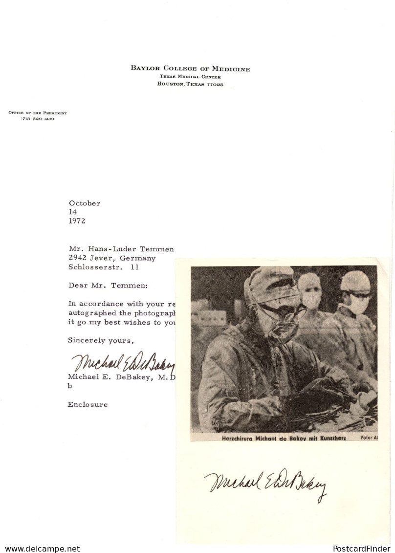 Michael DeBakey Heart Surgeon 1972 Hand Signed Letter & Picture - Inventeurs & Scientifiques