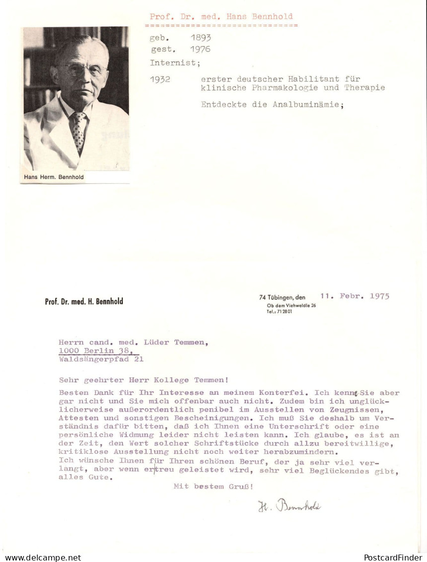 Hans Bennhold German Tubingen Professor Medicine Hand Signed Letter - Inventori E Scienziati