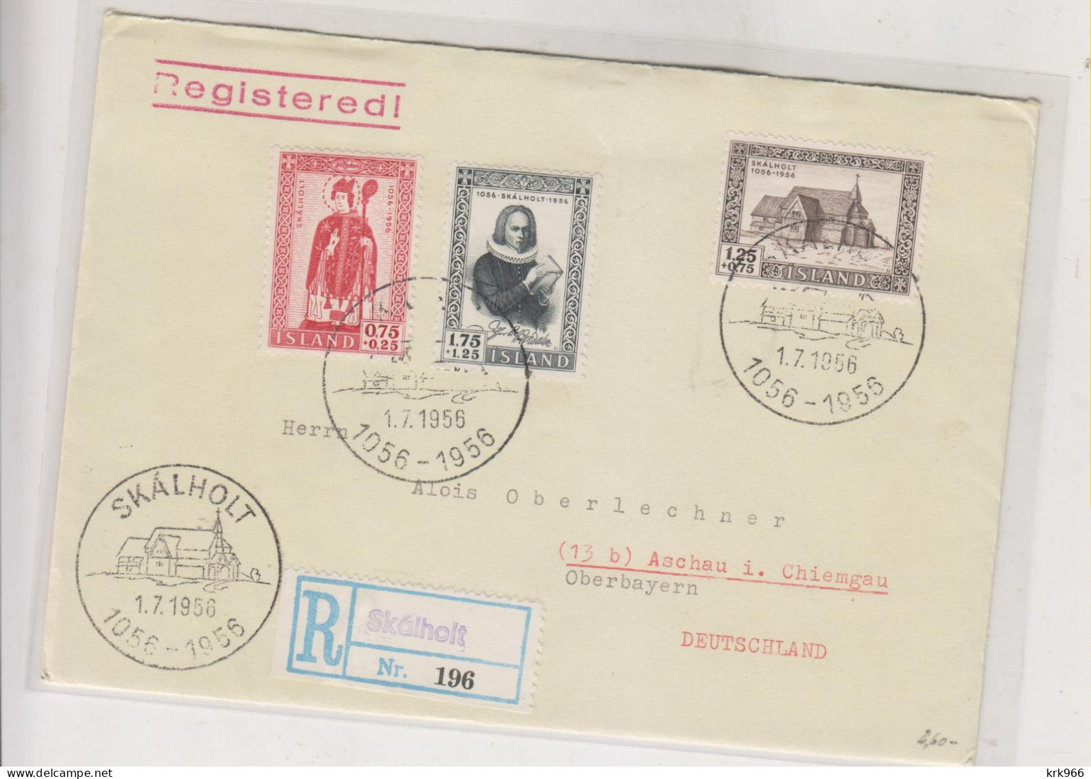 ICELAND 1954 SKALHOLT Registered FDC Cover To Germany - Covers & Documents