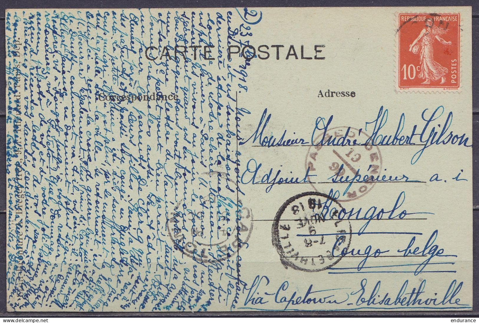 France - CP Alençon Datée 23 Septembre 1918 Affr. 10c Càd Presque Absent ALENCON Pour KONGOLO Congo Belge Via Capetown & - Lettres & Documents