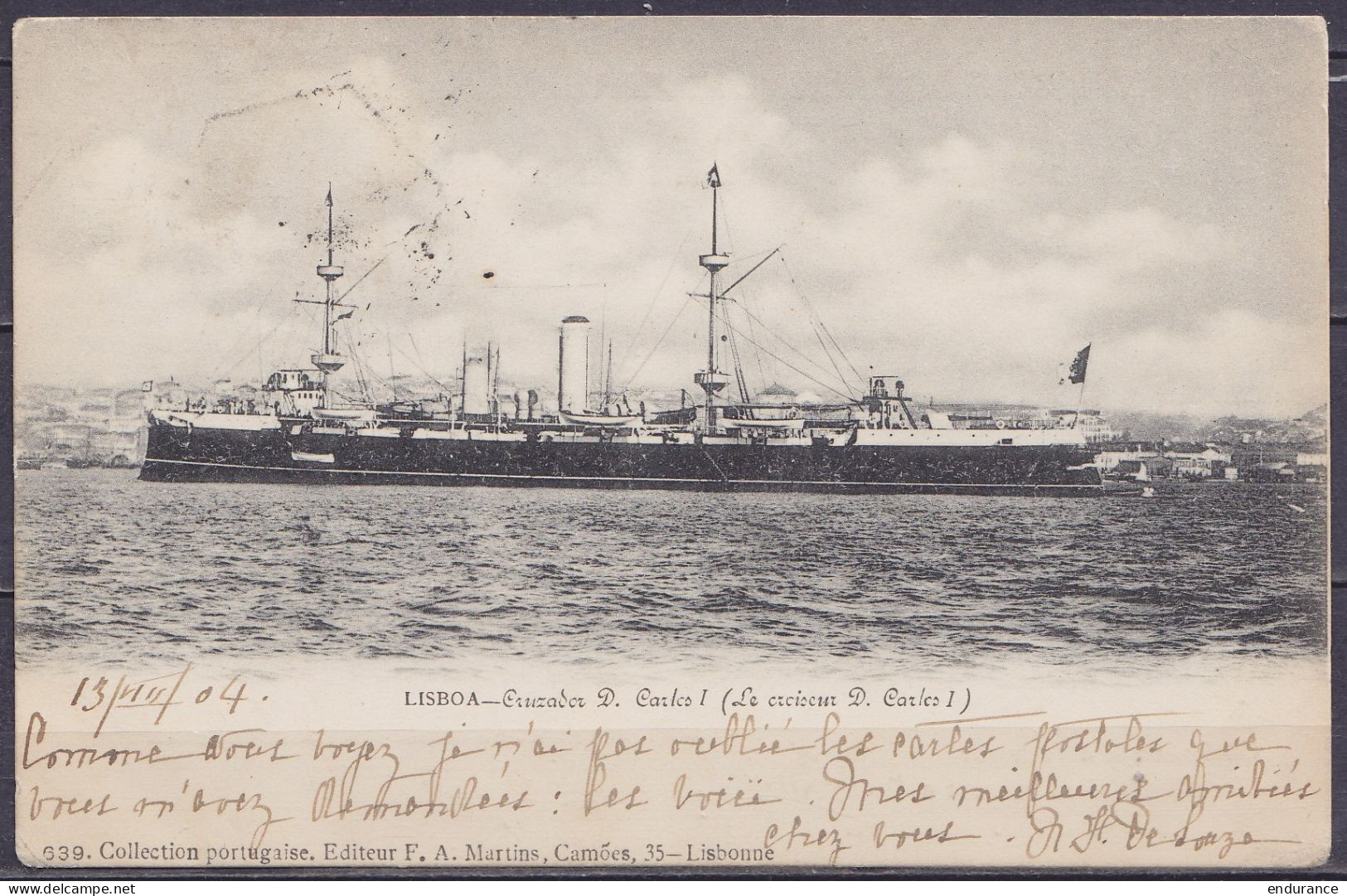 Portugal - CP Bateau De Guerre "Cruzador D. Carlos I" Affr. 25R Càd Hexagon. "LISBOA CENTRAO /14-8-1904/ 3e SECCAO" Pour - Cartas & Documentos