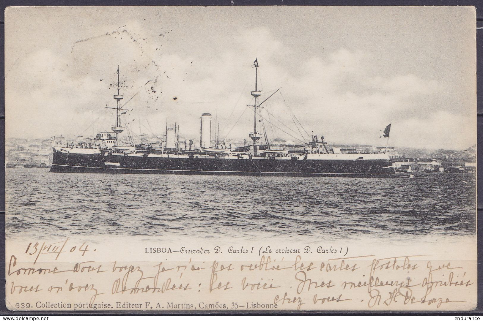 Portugal - CP Bateau De Guerre "Cruzador D. Carlos I" Affr. 25R Càd Hexagon. "LISBOA CENTRAO /14-8-1904/ 3e SECCAO" Pour - Brieven En Documenten