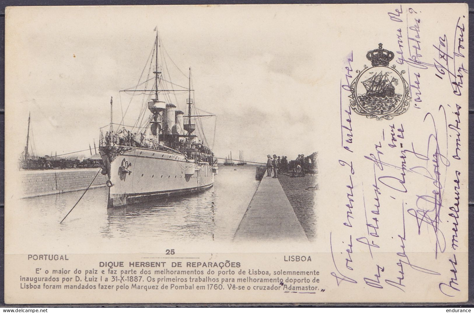 Portugal - CP Bateau De Guerre Dans Le Port De Lisbonne Affr. 25R Càd Hexagon. "LISBOA CENTRAO /17-10-1904/ 3e SECCAO" P - Lettres & Documents