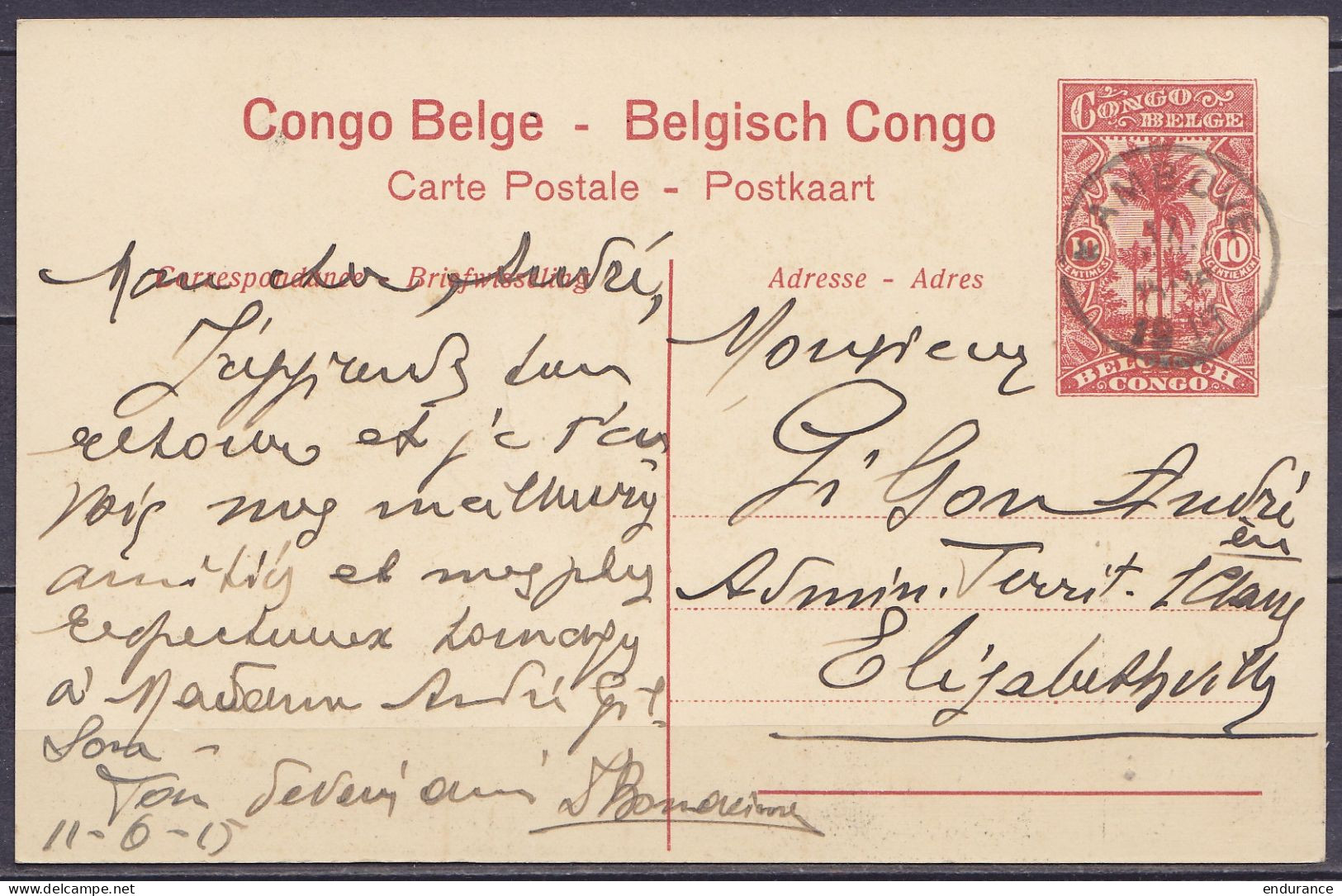 Congo Belge - EP CP 10c Rouge-brun "Monts Ruwenzori" Càd KAMBOVE /17 JUIN 1915 Pour Administrateur Territorial à ELISABE - Postwaardestukken