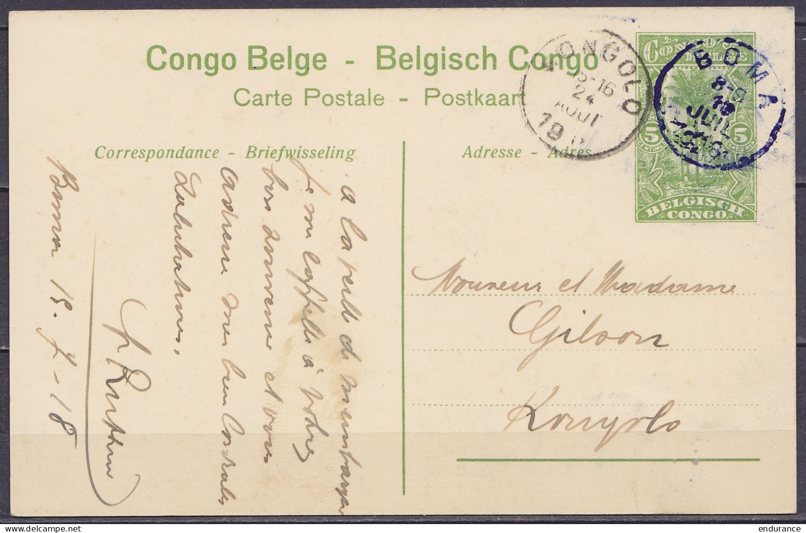 Congo Belge - EP CP 5c Vert "vue De Matadi" Càd Bleu BOMA /15 JUIL 1918 Pour KONGOLO - Càd Arrivée KONGOLO - Entiers Postaux