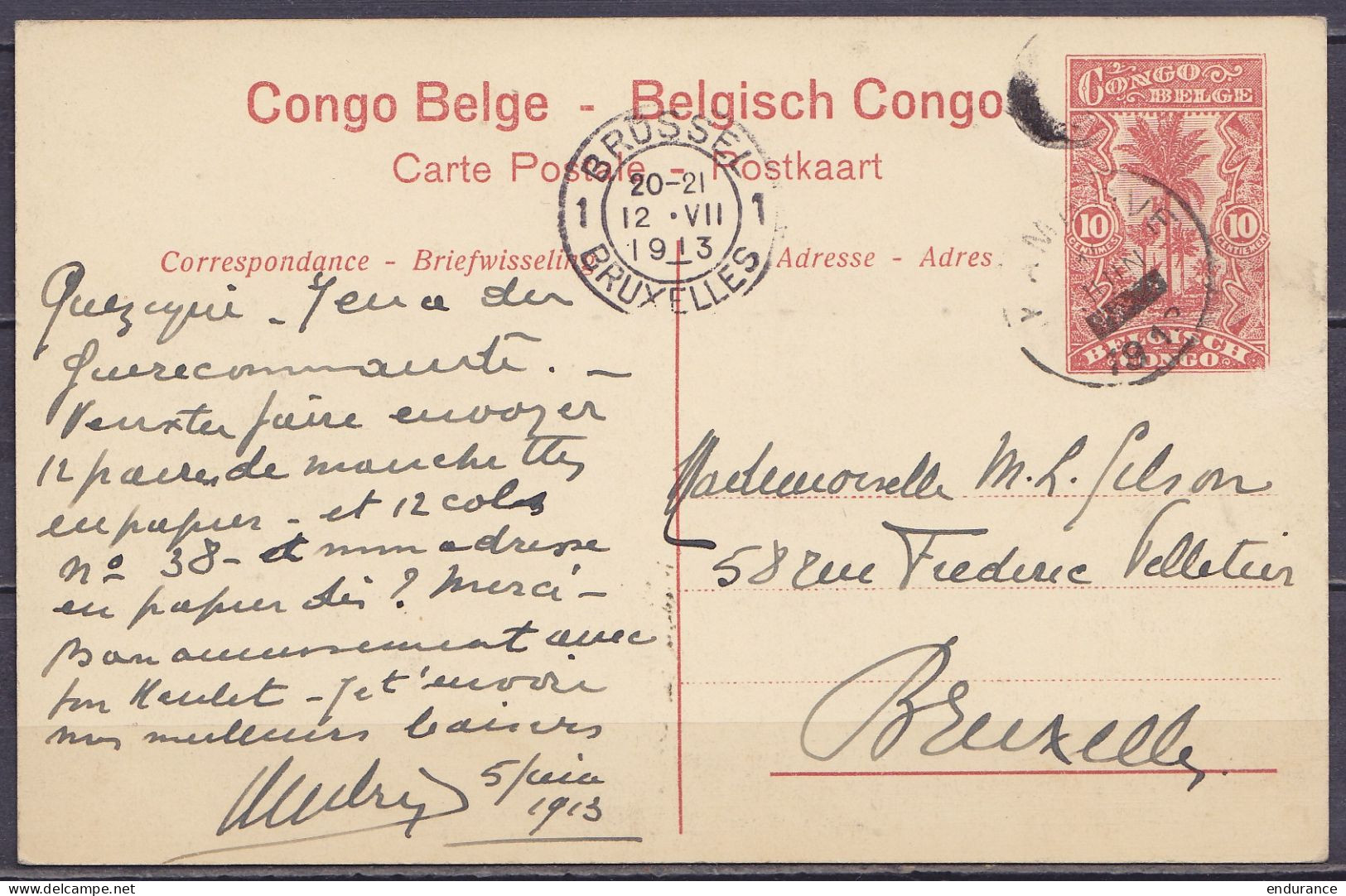 Congo Belge - EP CP 10c Rouge-brun "Poste De La Lowa, Plantations De Funtumia" Càd KAMBOVE /? JUIN 1913 Pour BRUXELLES - - Entiers Postaux