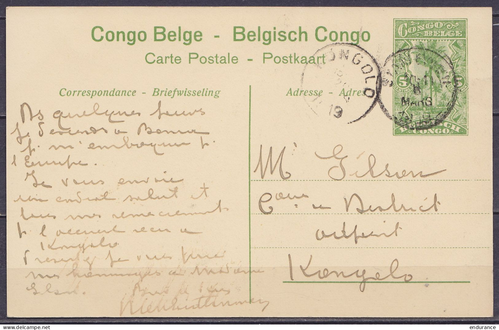 Congo Belge - EP CP 5c Vert "Kitobola - Irrigation Des Rizières" Càd STANLEYVILLE /8 MARS 1919 Pour Commissaire De Distr - Ganzsachen