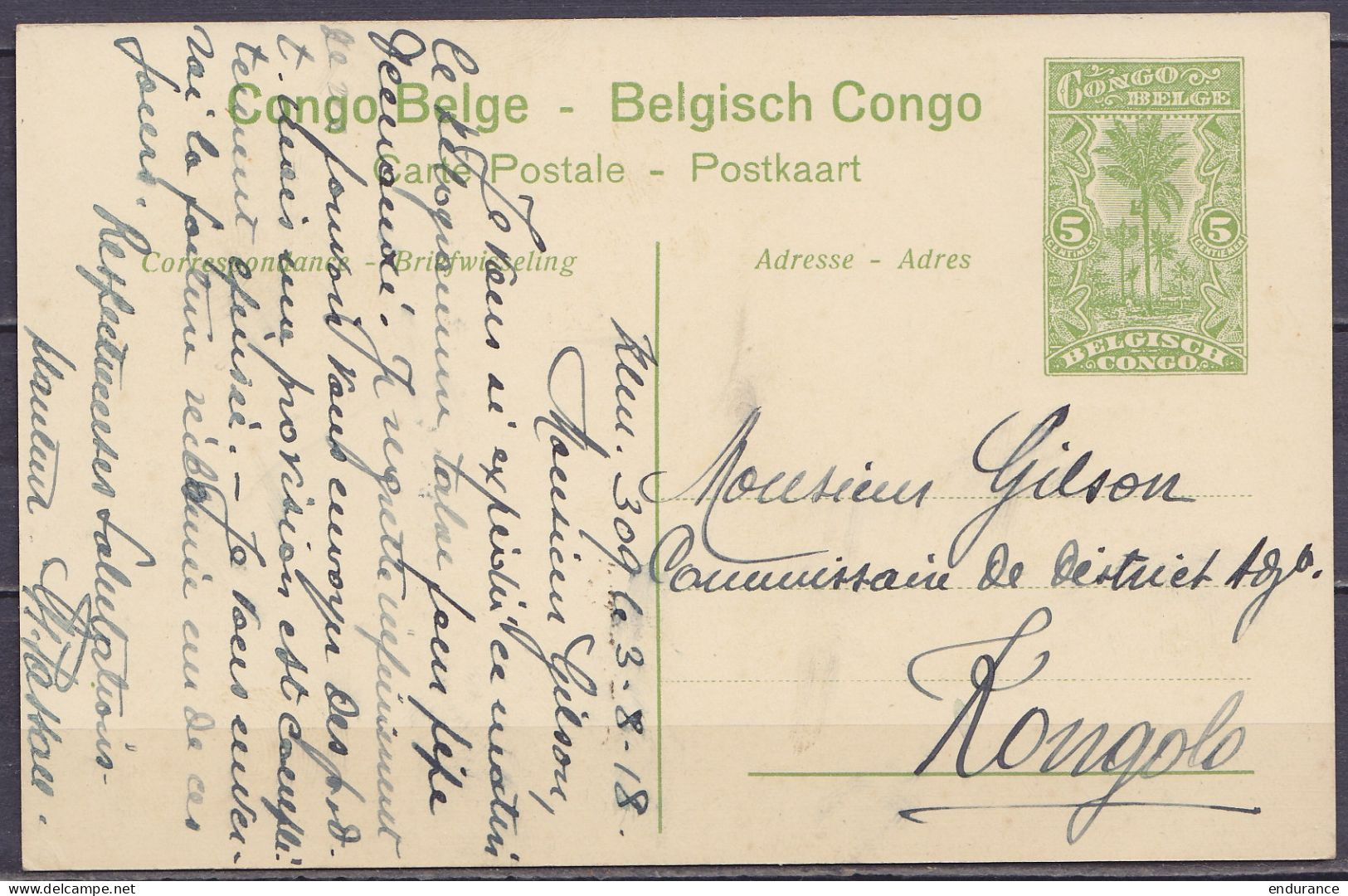 Congo Belge - EP CP 5c Vert "Chemin De Fer Du Bas Congo" Datée 3-8-1918 D'un Planteur à KUMBUNDJI Pour Adjoint Supérieur - Ganzsachen