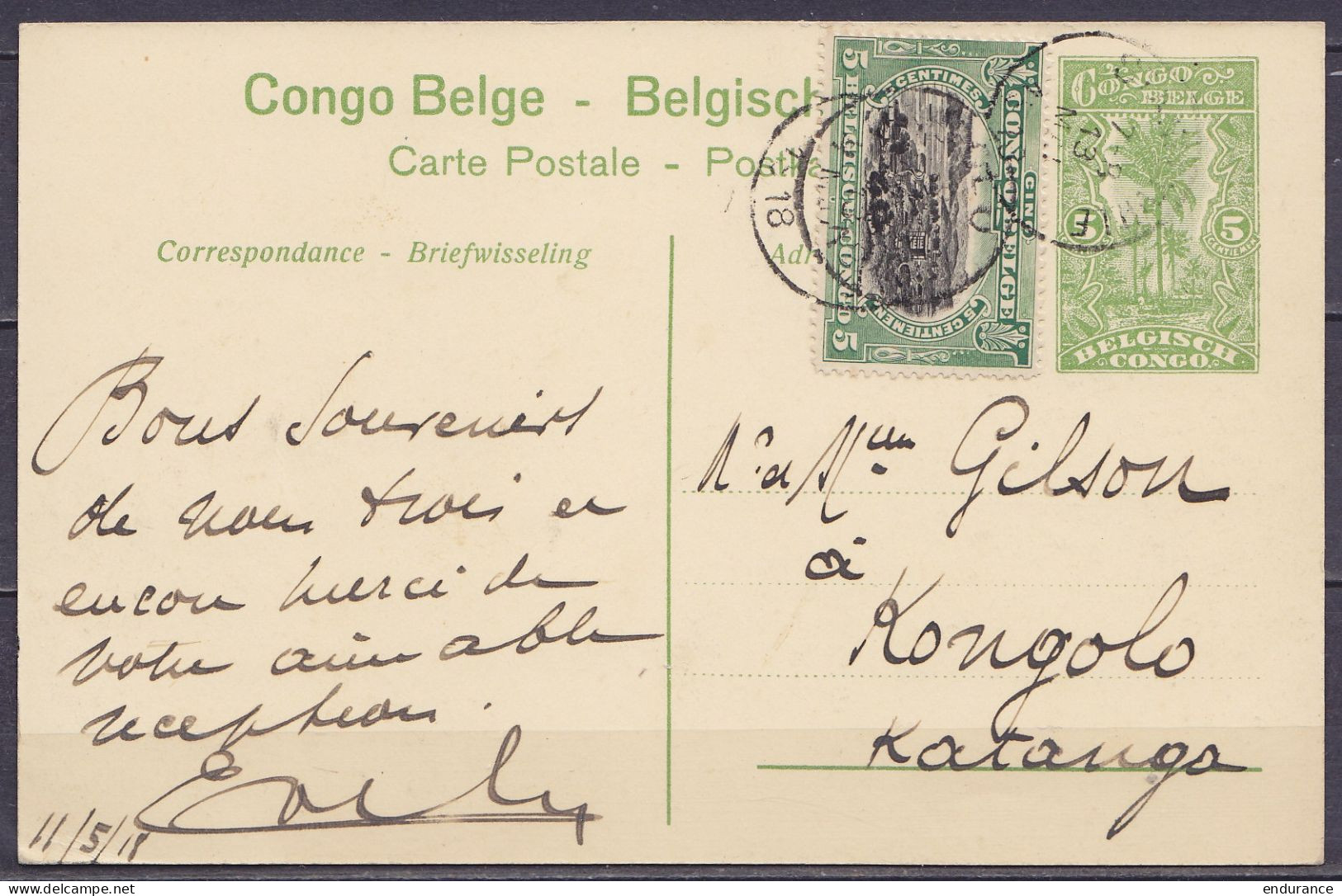 Congo Belge - EP CP 5c Vert "Shinkakasa" + N°64 Càd STANLEYVILLE /13 MAI 1918 Pour KONGOLO Katanga - Càd Arrivée KONGOLO - Stamped Stationery