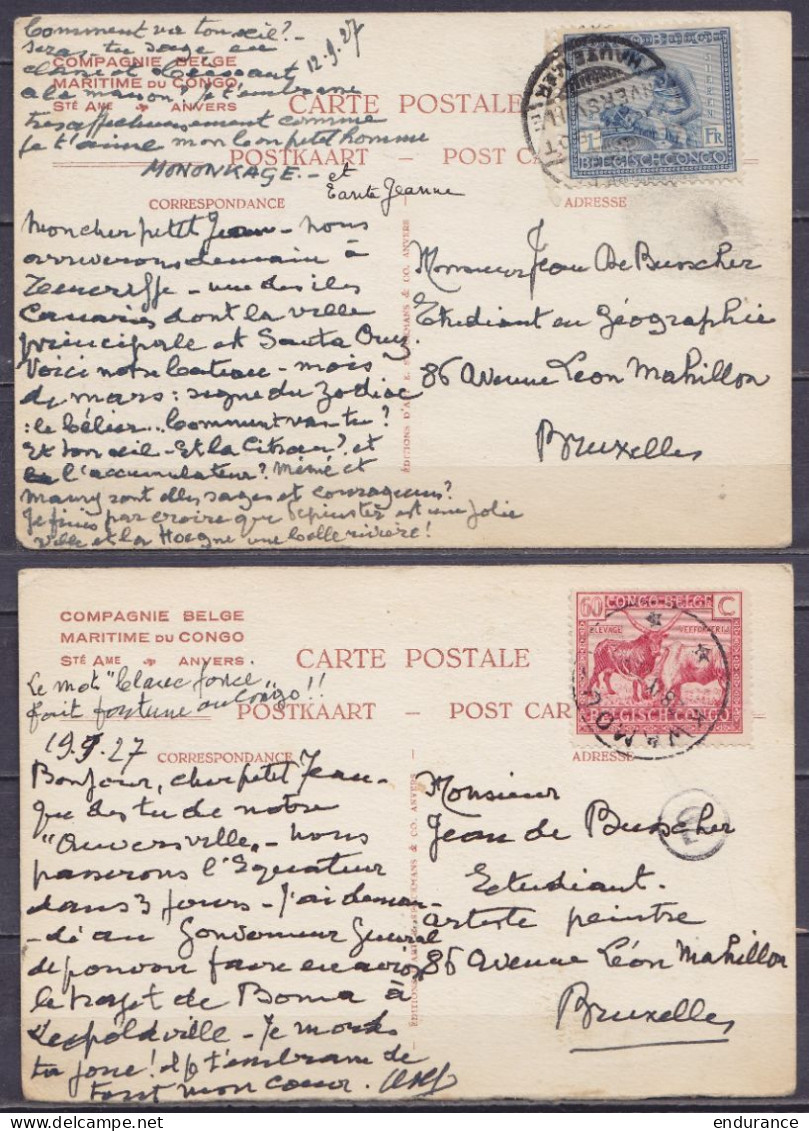 Lot 2 CP "Compagnie Belge Maritime Du Congo" Affr. N°124 Càd KWAMOUTH /28.IX 1927 & N°127 Càd "PAQUEBOT / ANVERSVILLE /  - Lettres & Documents