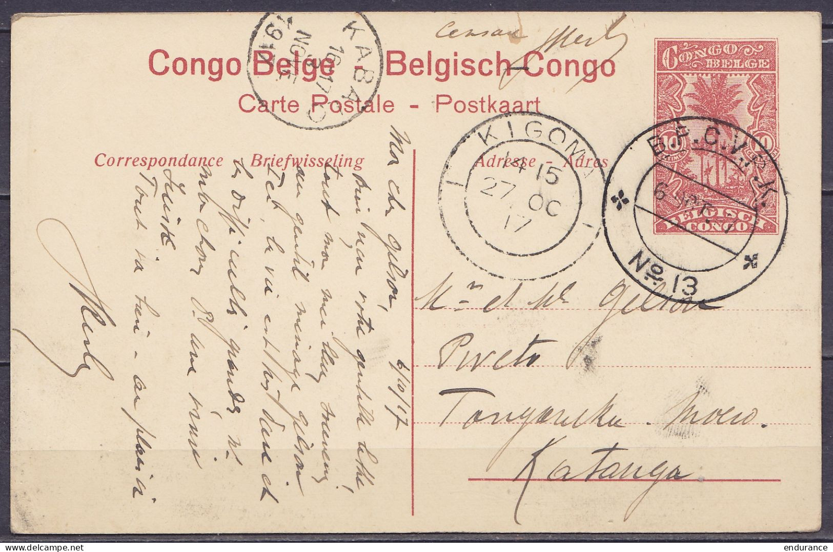 Congo Belge - EP CP 10c Rouge-brun Càd Bureau Postal Militaire "B.P.C.V.P.K /6 OCT 1917/ N°13" Pour PWETO Tanganika Moër - Stamped Stationery