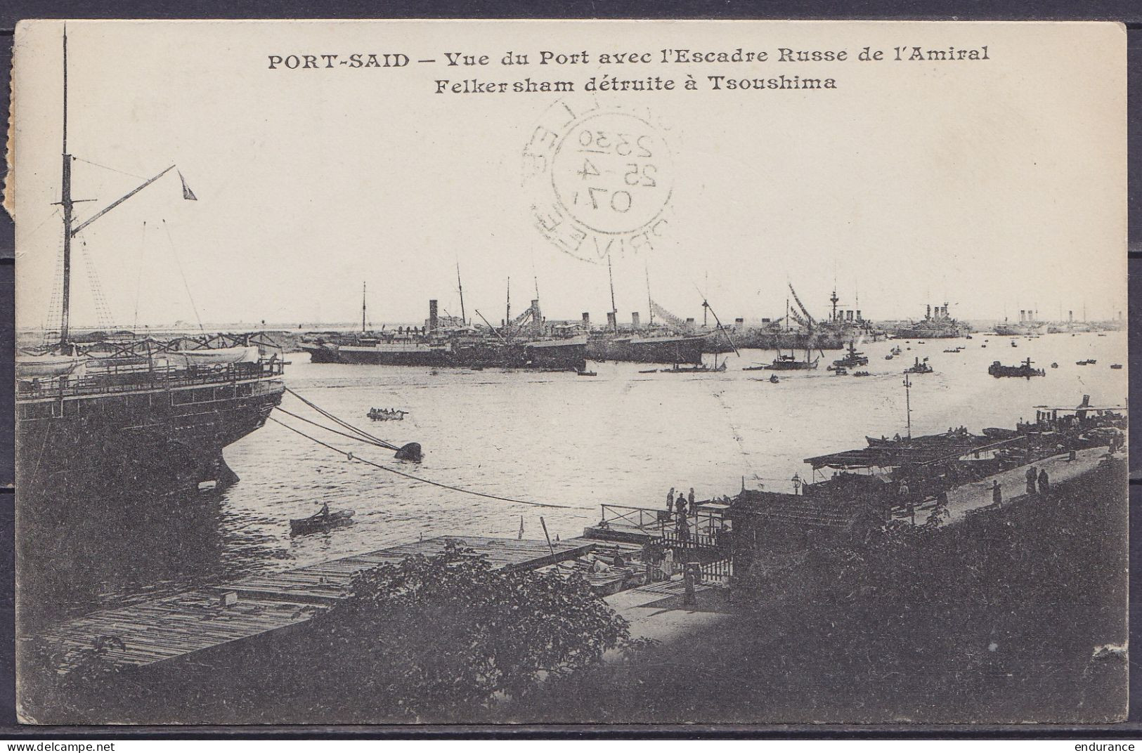 Port-Saïd - CP "Messageries Maritimes - Vue Du Port" Affr. 2x 5c Càd "LIGNE N /18 AVRIL 1907/ PAQ. FR. N°5" Pour BRUXELL - Brieven En Documenten