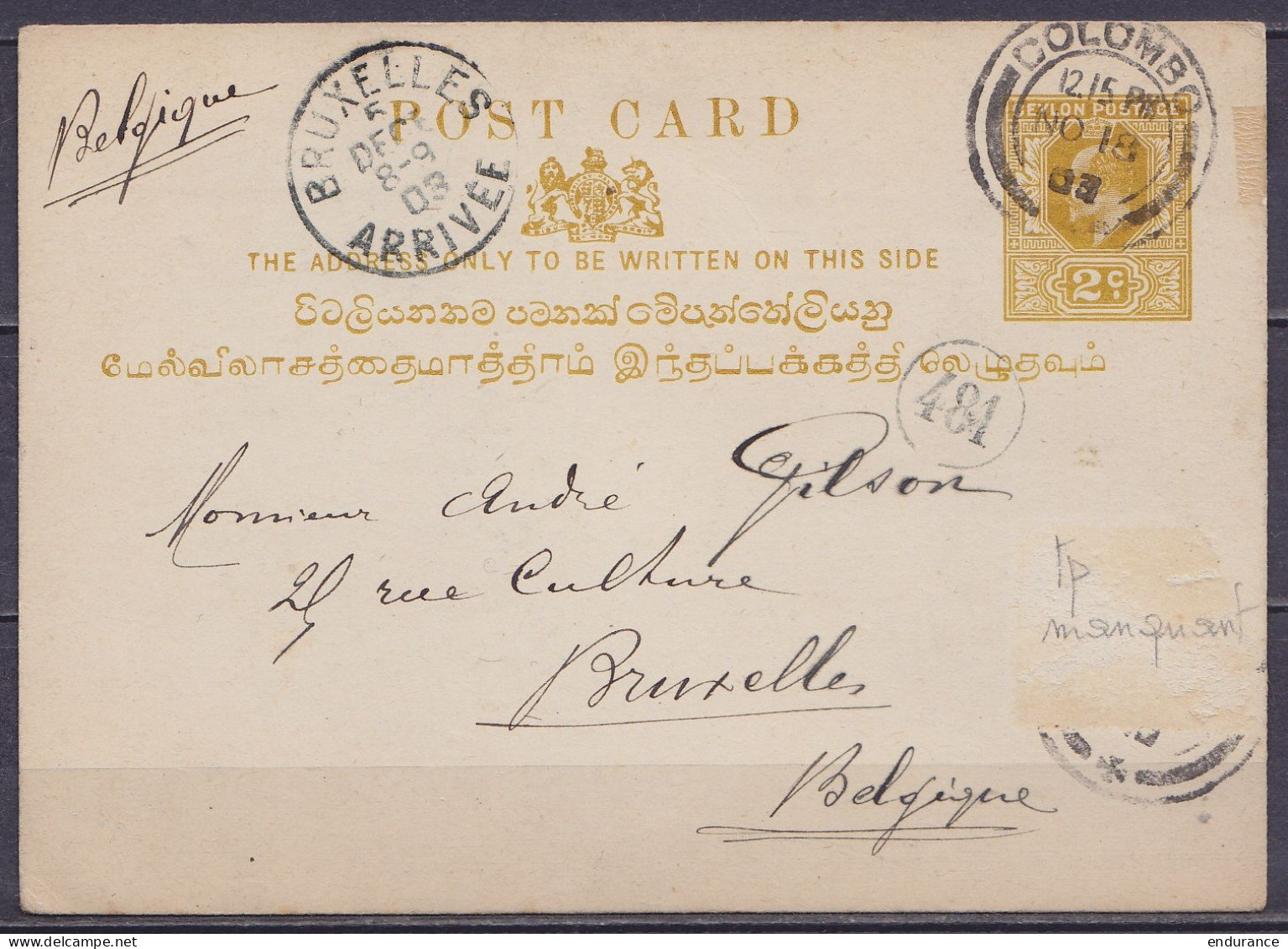 Ceylan - EP CP 2c (timbre Suppl. Manquant) Càd COLOMBO /NO 18 1903 Pour BRUXELLES - Càd Arrivée BRUXELLES - Ceylon (...-1947)