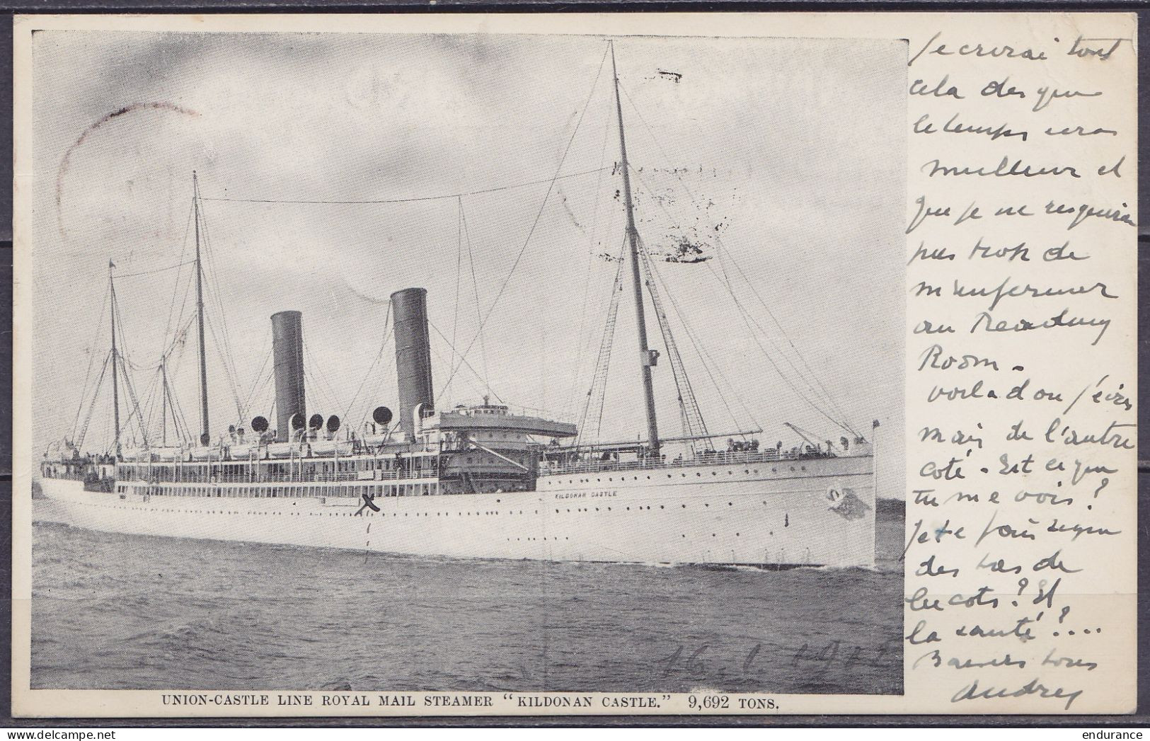 Transvaal - CP Paquebot "Kildonian Castle" Postée à Bord Affr. 1d Càd CAPE COLONY /JA 17 1912 Pour BRUXELLES - Càd Arriv - Transvaal (1870-1909)