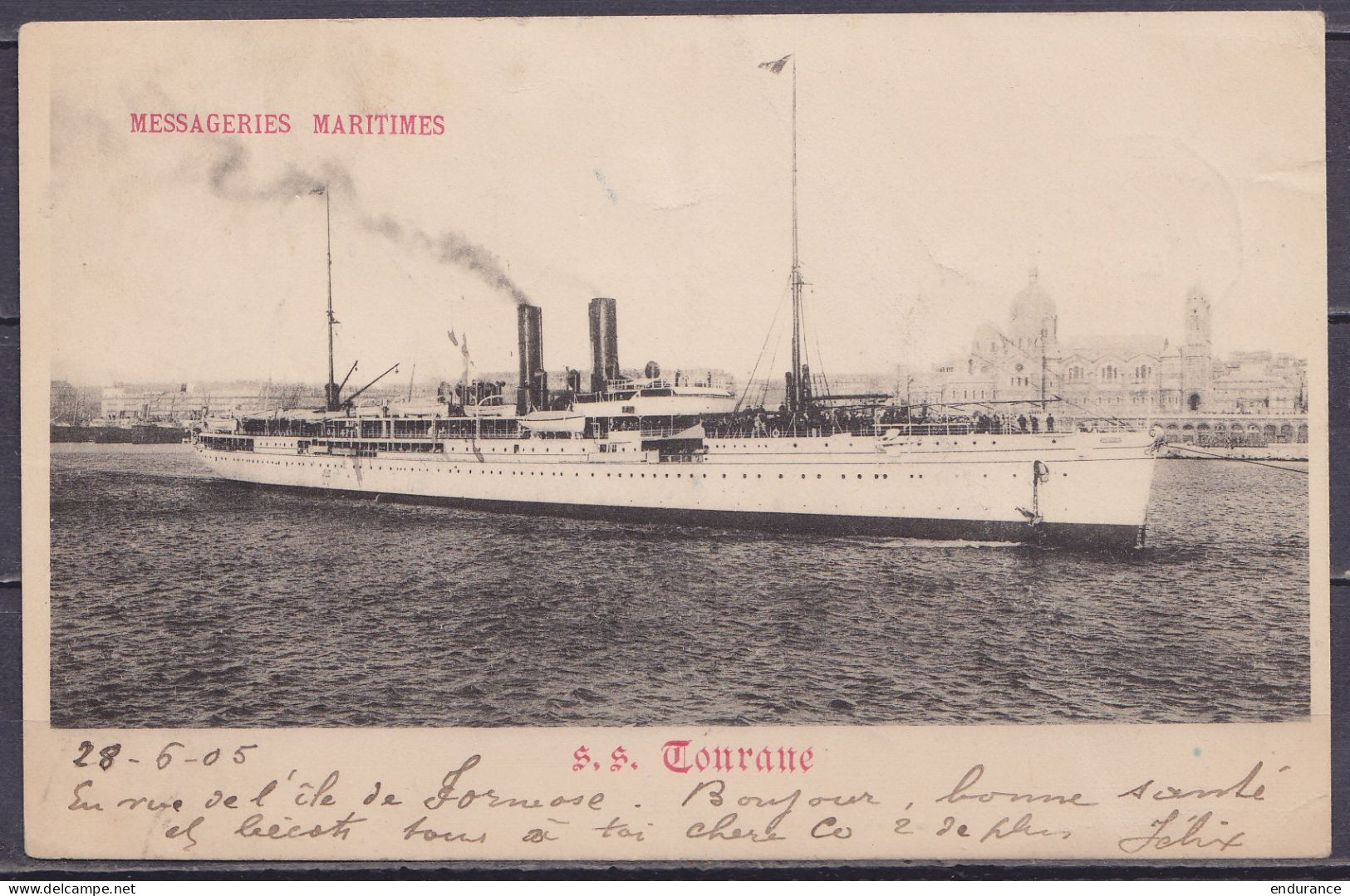 Chine (Formose) CP Paquebot "S.S. Tourane" Postée à Bord En Recommandé Affr. France N°129+132 Càd "LIGNE N /29 JUIN 1905 - Storia Postale