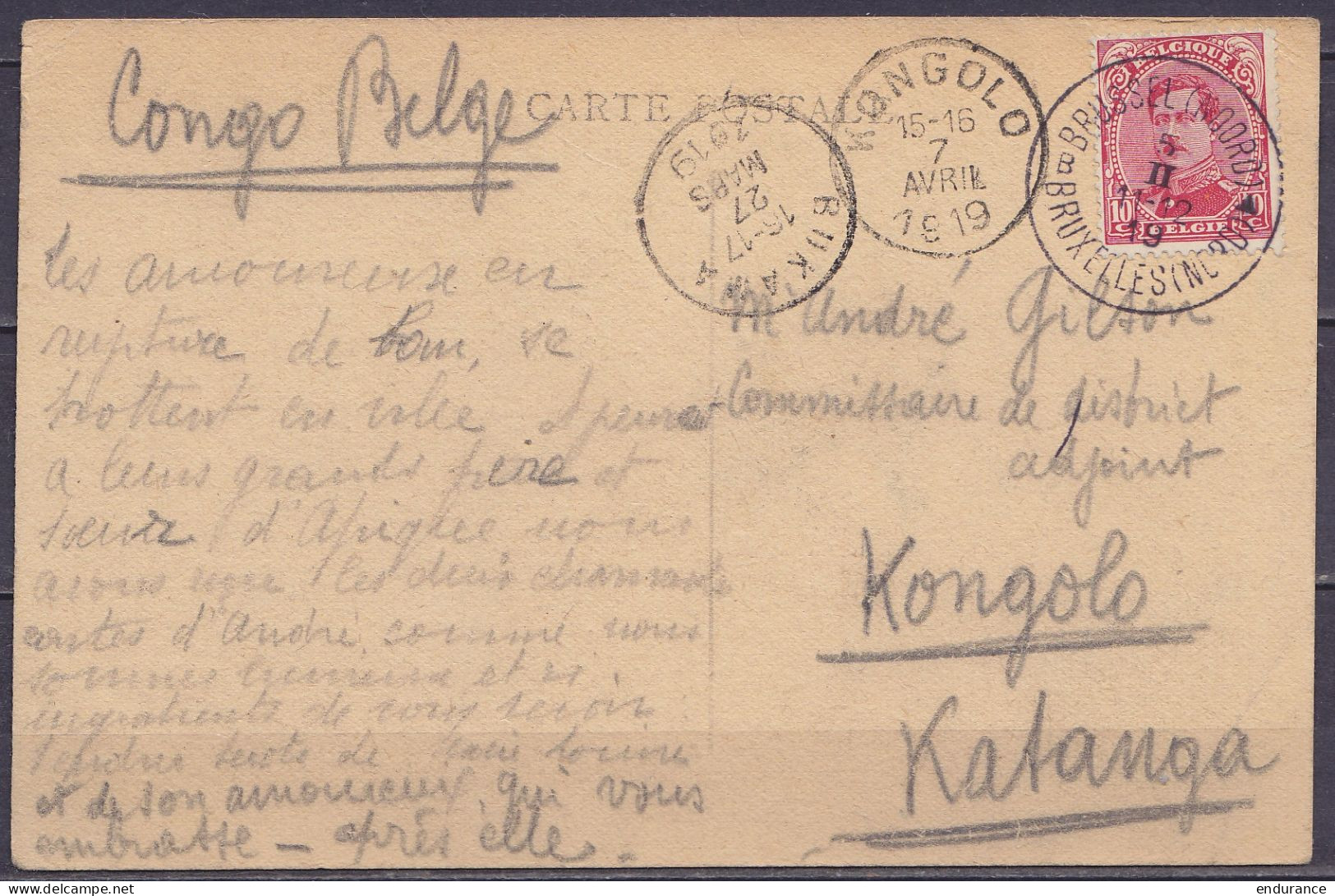 CP Affr. N°138 Càd BRUXELLES (NORD) /5 II 1919 Pour Commissaire De District Adjoint à KONGOLO Katanga Congo Belge - Càd  - 1915-1920 Albert I