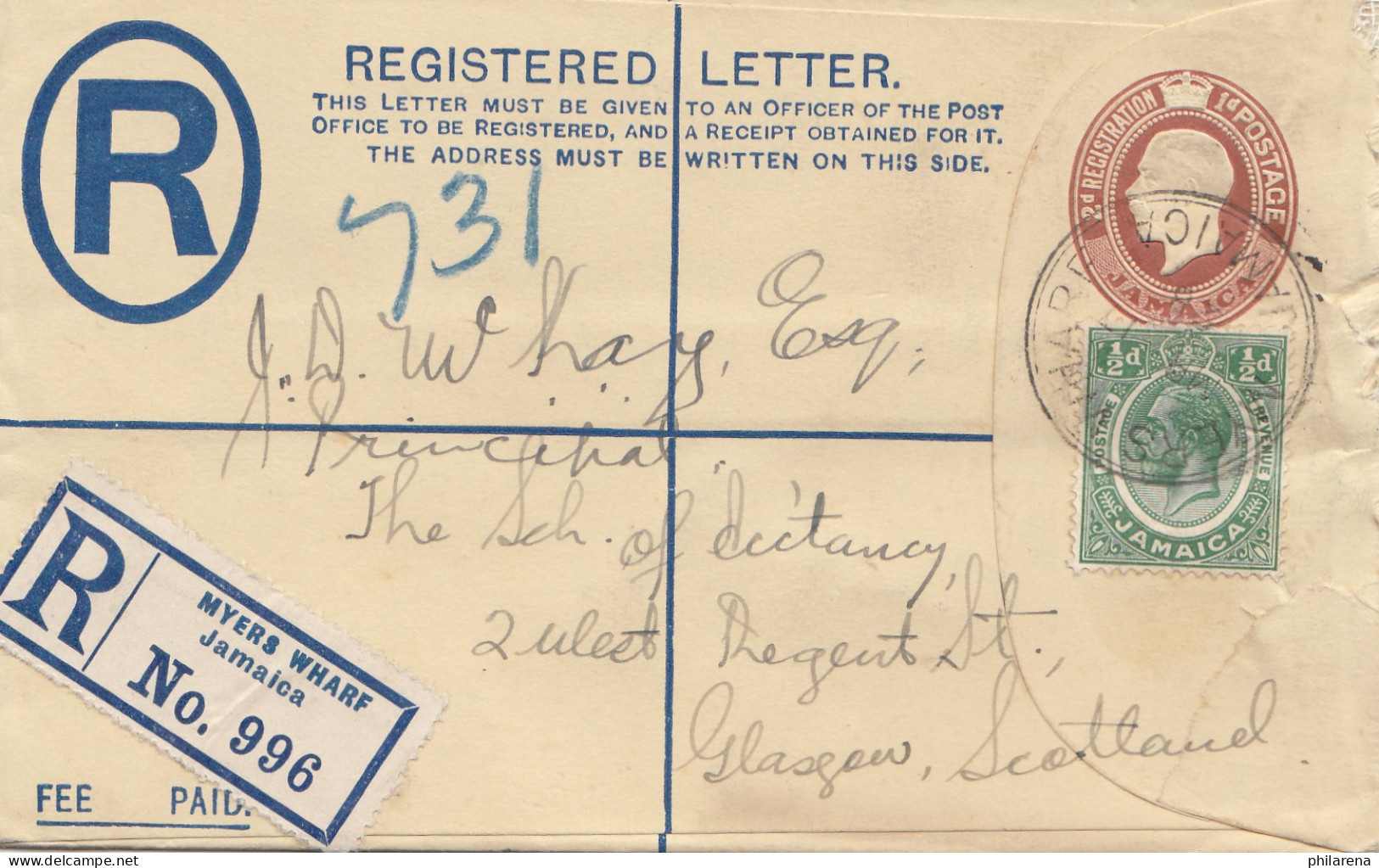 Jamaica 1928: Registered Letter Myers Wharf To Glasgow - Jamaica (1962-...)