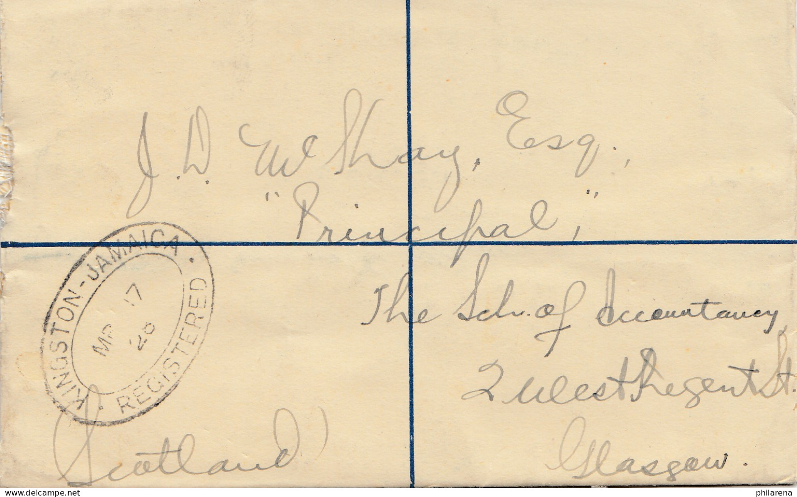 Jamaica 1928: Registered Letter Myers Wharf To Glasgow - Giamaica (1962-...)