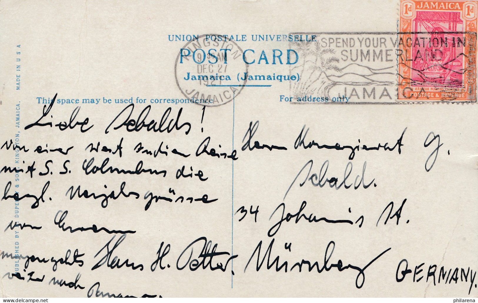 Jamaica 1921: Post Card Kingstown Port Antonio To Nürnberg - Jamaica (1962-...)