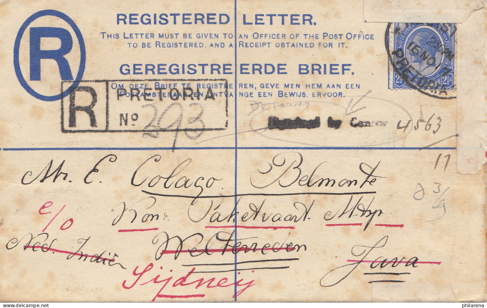 South Africa: 1919: Registered Letter From Pretoria To Java - Then Sydney - Sonstige & Ohne Zuordnung