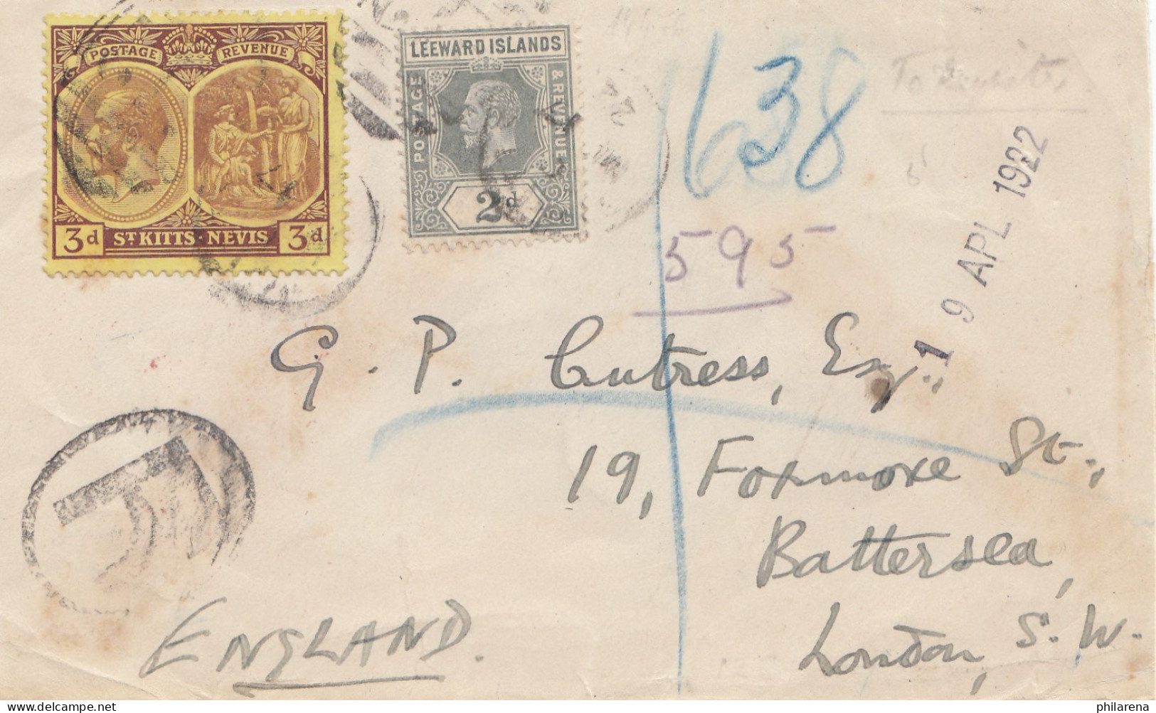 Leeward Islands: 1922 Registered To Battersea/London - Iles Vièrges Britanniques
