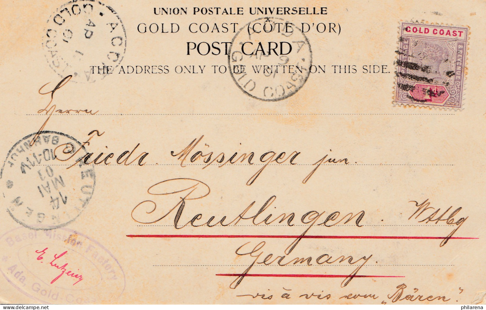 Gold Coast: Post Card Accra 1901 To Germany/Reutlingen - Ghana (1957-...)