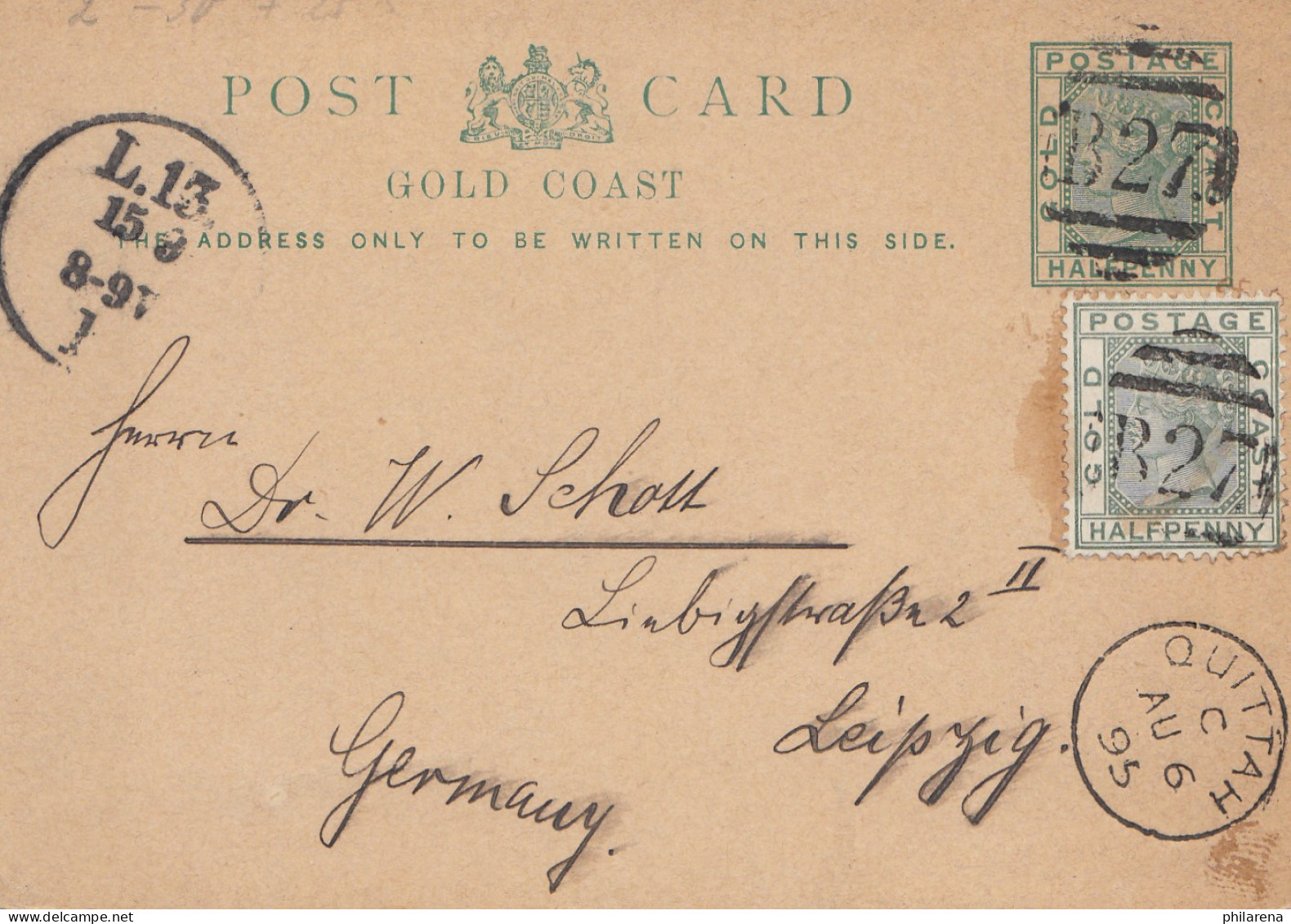 Gold Coast: 1895: Post Card Quittah To Leipzig/Gemany - Ghana (1957-...)