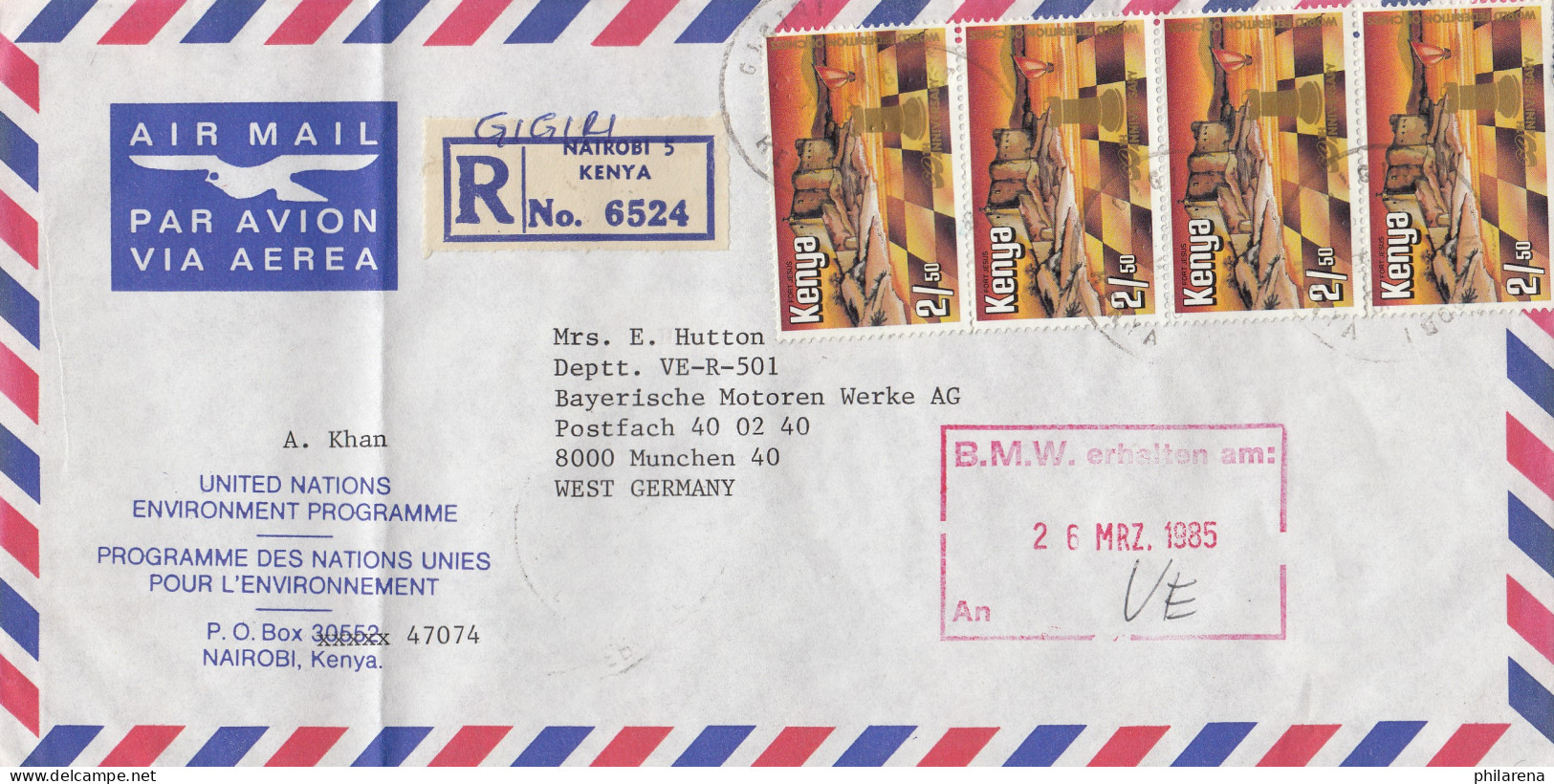 Kenya: Registered Letter Nairobi To BMW München 1985 - Kenia (1963-...)