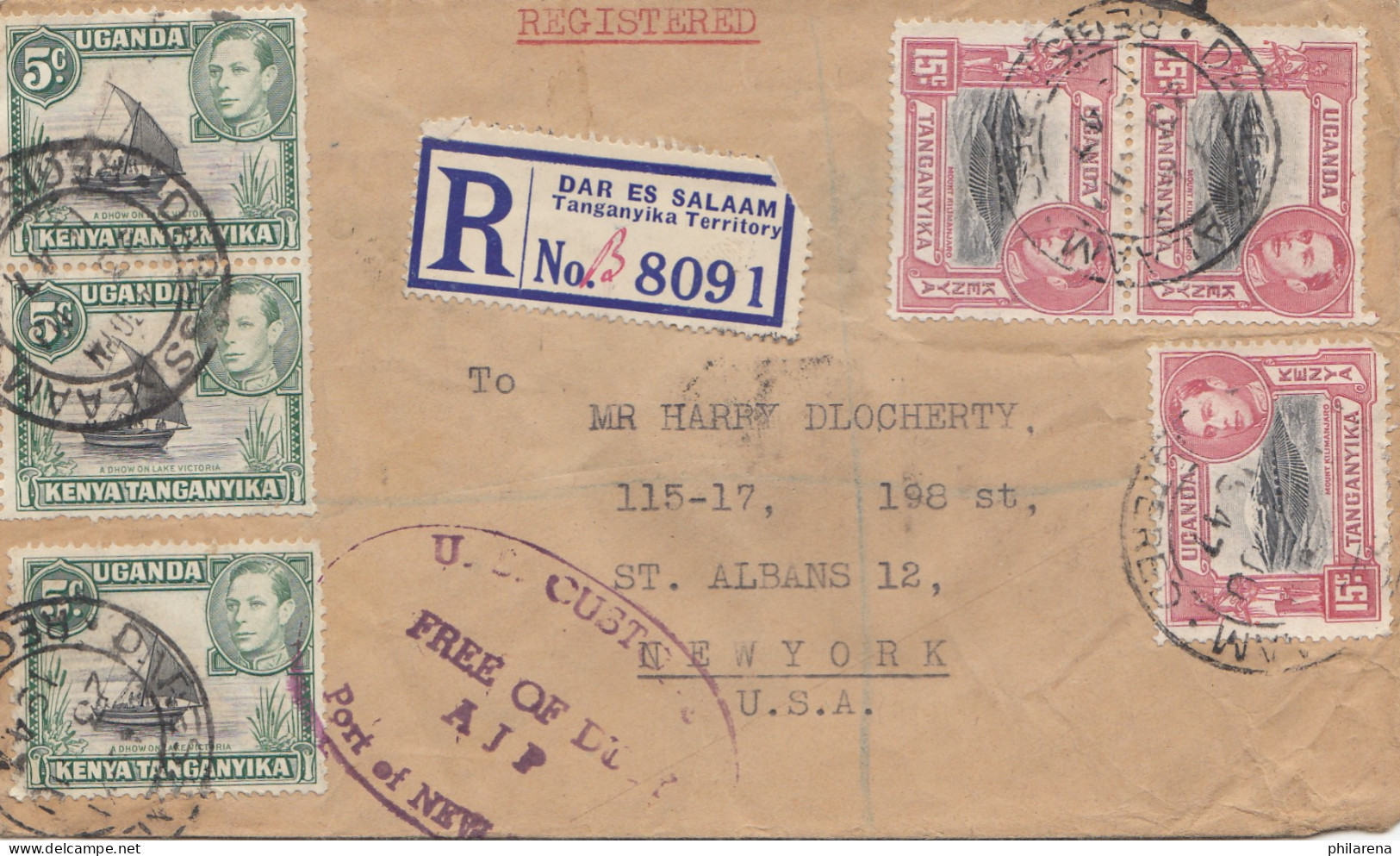 Uganda: 1947: Regiestered Dar Es Salaam To New York - Free Of Duty - Uganda (1962-...)